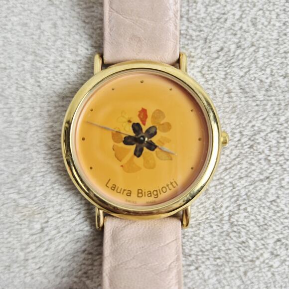 Laura Biagiotti Womens Swiss Quartz Watch Pink Leather Gold Floral 37mm Read* - Picture 2 of 16
